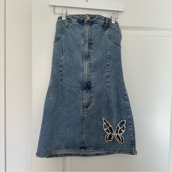 Akira (L) Butterfly Kiss Embellished Denim Mini Tube Dress- Rhinestone Butterfly - Picture 5 of 10
